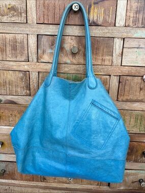 Teal Blue Leather Shoulder Tote Bag